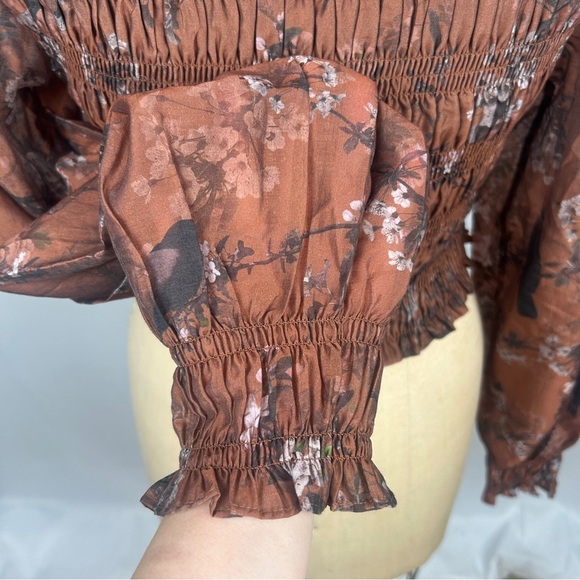 All Saints Pria Viola Silky Floral Smocked Brown Blouse Long Sleeve Top Size 12 - Picture 8 of 12